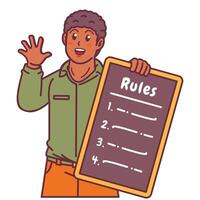 Cartoon illustration of a black man explaining a list of rules vector