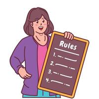 Cartoon illustration of a woman explaining a list of rules vector