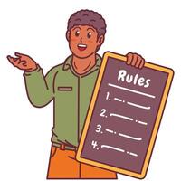 Cartoon illustration of a black man explaining a list of rules vector
