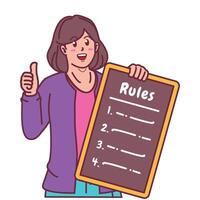 Cartoon illustration of a woman explaining a list of rules vector