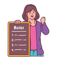 Cartoon illustration of a woman explaining a list of rules vector