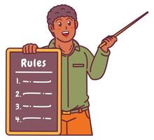 Cartoon illustration of a black man explaining a list of rules vector