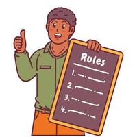 Cartoon illustration of a black man explaining a list of rules vector