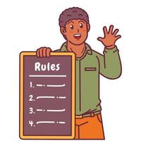 Cartoon illustration of a black man explaining a list of rules vector