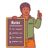 Cartoon illustration of a black man explaining a list of rules vector