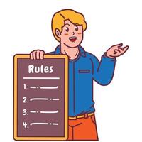 Cartoon illustration of a man explaining a list of rules vector