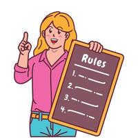 Cartoon illustration of a woman explaining a list of rules vector