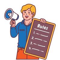 Cartoon illustration of a man explaining a list of rules and holding a megaphone vector