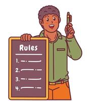 Cartoon illustration of a black man explaining a list of rules vector
