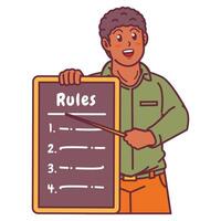 Cartoon illustration of a black man explaining a list of rules vector
