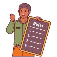 Cartoon illustration of a black man explaining a list of rules vector