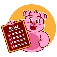 Illustration of Cute Pig Cartoon Character Holding a Checklist or list of rules vector