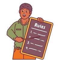 Cartoon illustration of a black man explaining a list of rules vector