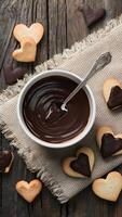Rustic table with white bowl of chocolate sauce, heart cookies, silver spoon, and cloth Vertical Mobile Wallpaper photo