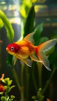 Graceful goldfish with orange body, red head, and translucent fins in serene aquatic setting Vertical Mobile Wallpaper photo