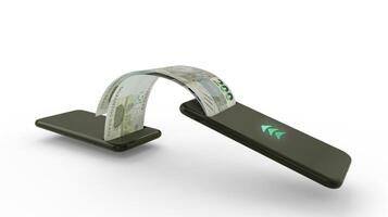 3D rendering of Brazilian real notes transferring from one phone to another. mobile money transaction concept photo