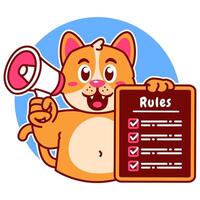 Illustration of Cute Cat Cartoon Character Holding Checklist and Rules and a megaphone vector