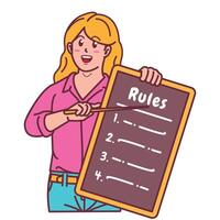 Cartoon illustration of a woman explaining a list of rules vector
