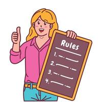 Cartoon illustration of a woman explaining a list of rules vector