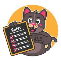 Illustration of Cute Black Cat Cartoon Character Holding a Checklist or list of rules vector