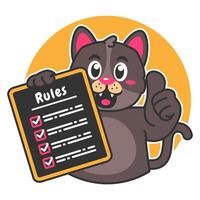 Illustration of Cute Black Cat Cartoon Character Holding a Checklist or list of rules vector