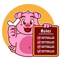 Illustration of Cute Pig Cartoon Character Holding a Checklist or list of rules vector