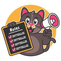 Illustration of Cute Black Cat Cartoon Character Holding a Checklist or list of rules and a megaphone vector