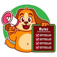 Illustration of Cute Dog Cartoon Character Holding a Checklist or list of rules and a megaphone vector