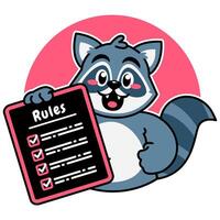 Illustration of Cute Raccoon Cartoon Character Holding a Checklist or list of rules vector