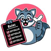Illustration of Cute Raccoon Cartoon Character Holding a Checklist or list of rules vector