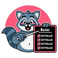 Illustration of Cute Raccoon Cartoon Character Holding a Checklist or list of rules vector