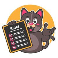 Illustration of Cute Black Cat Cartoon Character Holding a Checklist or list of rules vector