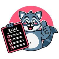 Illustration of Cute Raccoon Cartoon Character Holding a Checklist or list of rules vector
