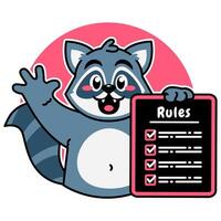 Illustration of Cute Raccoon Cartoon Character Holding a Checklist or list of rules vector