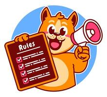 Illustration of Cute Shiba Inu Cartoon Character Holding Checklist and Rules and a megaphone vector