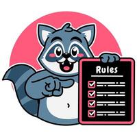 Illustration of Cute Raccoon Cartoon Character Holding a Checklist or list of rules vector