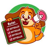 Illustration of Cute Dog Cartoon Character Holding a Checklist or list of rules and a megaphone vector