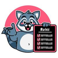 Illustration of Cute Raccoon Cartoon Character Holding a Checklist or list of rules vector