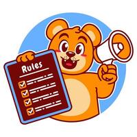 Illustration of Cute Bear Cartoon Character Holding a Checklist or list of rules with a megaphone vector