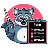 Illustration of Cute Raccoon Cartoon Character Holding a Checklist or list of rules vector