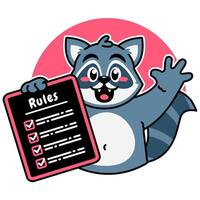 Illustration of Cute Raccoon Cartoon Character Holding a Checklist or list of rules vector