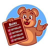 Illustration of Cute Bear Cartoon Character Holding a Checklist or list of rules vector