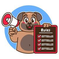 Illustration of Cute Pug Cartoon Character Holding a Checklist or list of rules and a megaphone vector