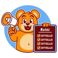 Illustration of Cute Bear Cartoon Character Holding a Checklist or list of rules with a megaphone vector