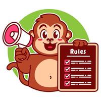 Illustration of Cute Monkey Cartoon Character Holding a Checklist or list of rules and a megaphone vector