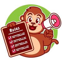 Illustration of Cute Monkey Cartoon Character Holding a Checklist or list of rules and a megaphone vector