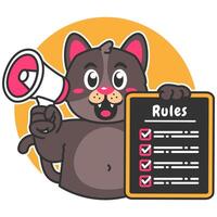 Illustration of Cute Black Cat Cartoon Character Holding a Checklist or list of rules and a megaphone vector