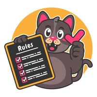 Illustration of Cute Black Cat Cartoon Character Holding a Checklist or list of rules vector