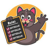 Illustration of Cute Black Cat Cartoon Character Holding a Checklist or list of rules vector