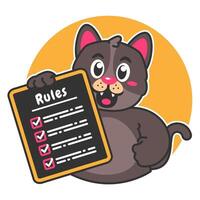 Illustration of Cute Black Cat Cartoon Character Holding a Checklist or list of rules vector